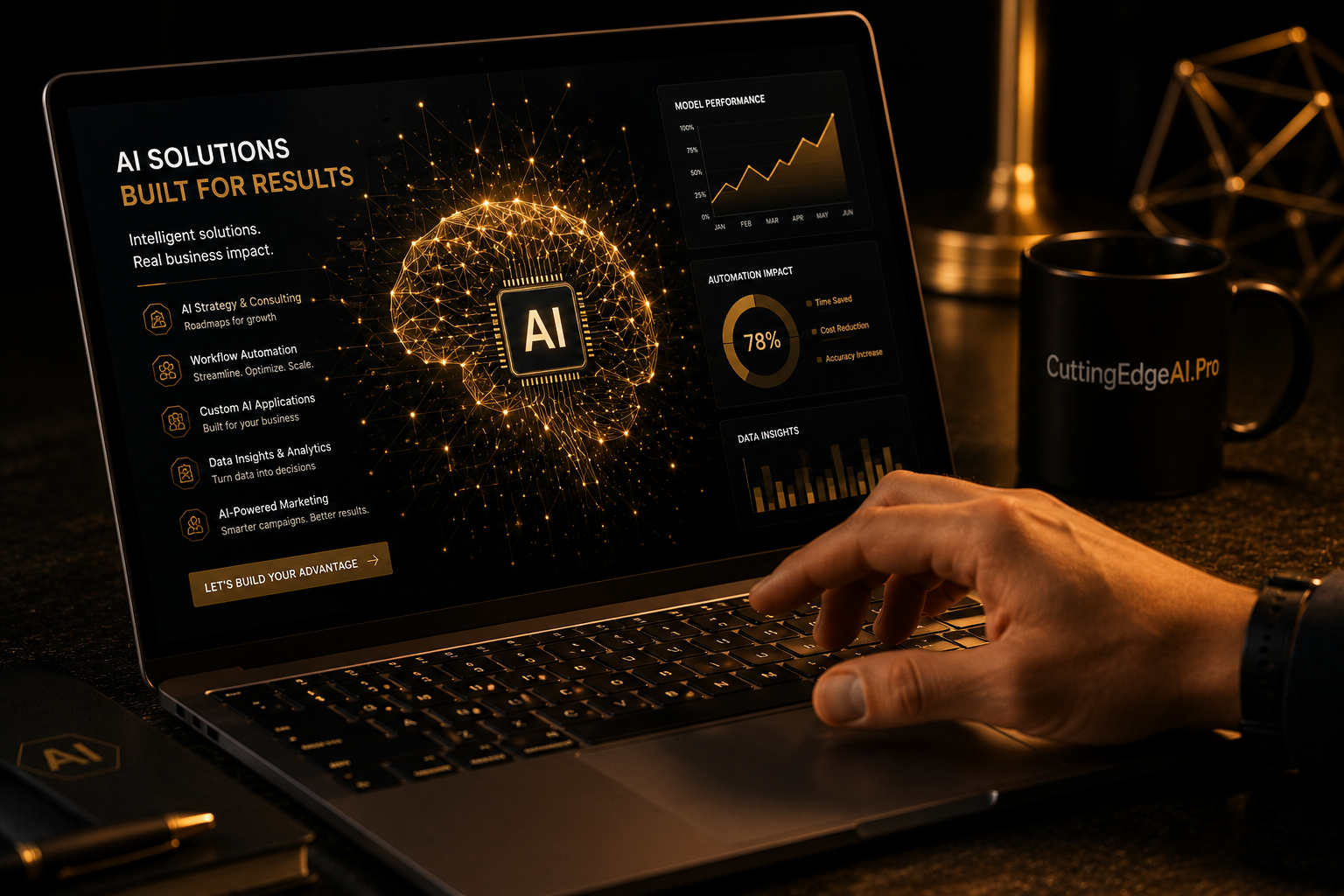 Laptop showing an AI solutions dashboard with a glowing neural network graphic